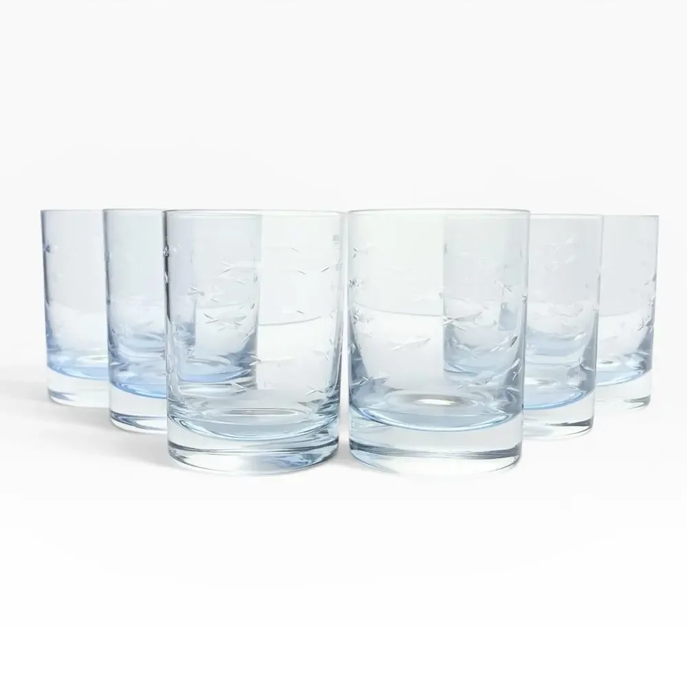 Crate & Barrel “Reef, Blue” 6 Double Old Fashioned Tumbler Glasses 4 1/2” 15oz